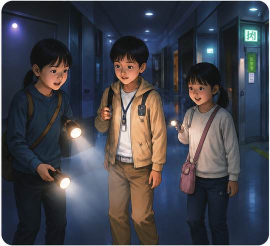 夜の院内で謎解きに挑戦する子どもたち