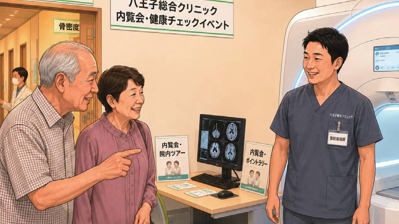 院内の検査室を見学する様子